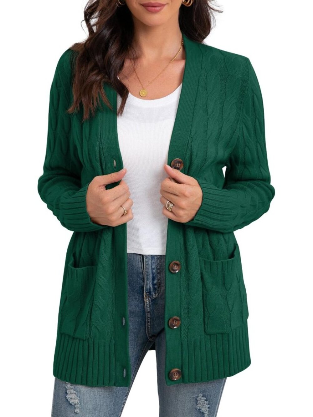 Cozy Long Sleeve Cable Knit Cardigan Sweater with Pockets for Women